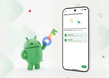 Android telefon ekranında şifre yöneticileri arasında güvenli veri aktarımını temsil eden illüstrasyon