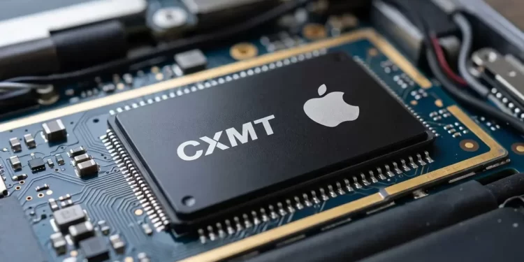 Apple logosu, bellek çipleri ve üretim tesisini gösteren temsili tedarik zinciri görseli