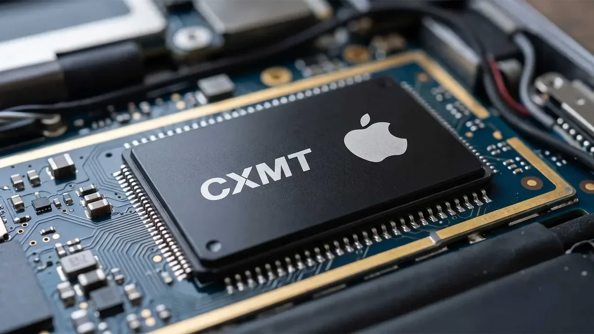 Apple logosu, bellek çipleri ve üretim tesisini gösteren temsili tedarik zinciri görseli