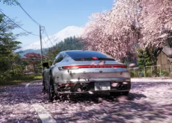 Yarış otomobili, şehir ışıkları ve PlayStation 5 simgeleriyle hazırlanan Forza Horizon 6 temalı illüstratif kapak görseli