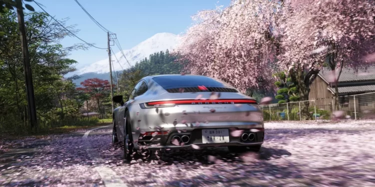 Yarış otomobili, şehir ışıkları ve PlayStation 5 simgeleriyle hazırlanan Forza Horizon 6 temalı illüstratif kapak görseli