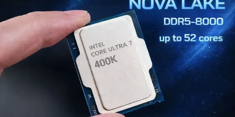 Intel Nova Lake-S temalı çift hesaplama yongalı masaüstü işlemciyi gösteren illüstratif görsel