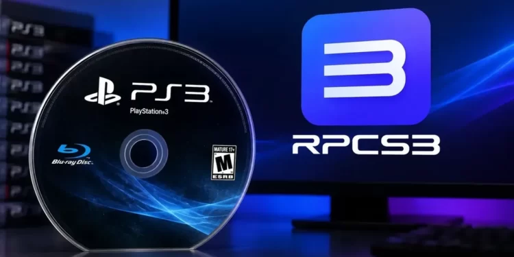 Bilgisayara bağlı Blu-ray sürücüsünde PS3 oyun diski bulunan temsili emülasyon görseli