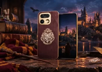 Hogwarts esintili kahverengi ve altın tonlarda tasarlanmış Realme telefon konsepti