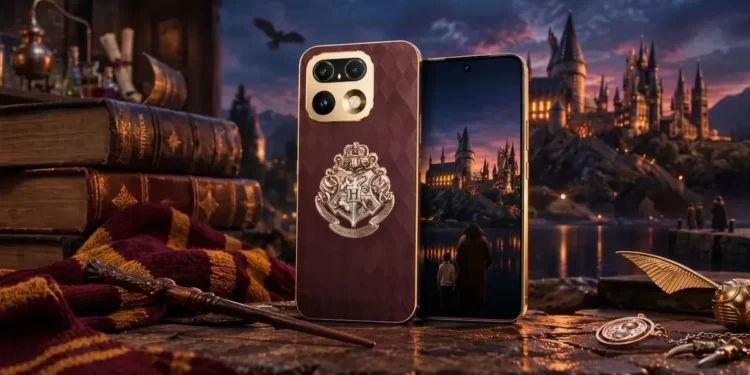 Hogwarts esintili kahverengi ve altın tonlarda tasarlanmış Realme telefon konsepti