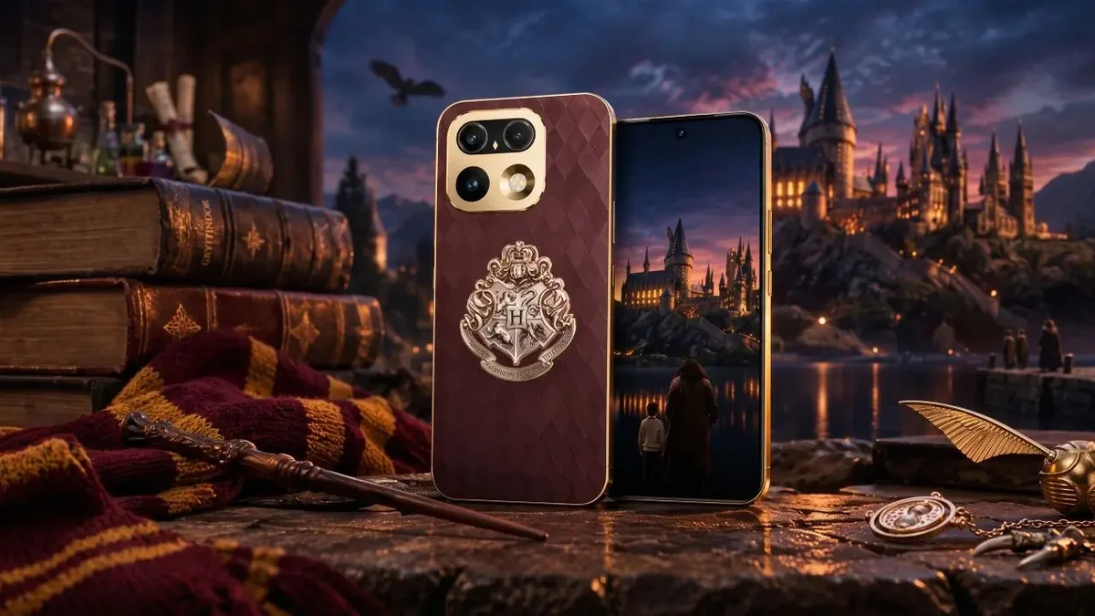Hogwarts esintili kahverengi ve altın tonlarda tasarlanmış Realme telefon konsepti
