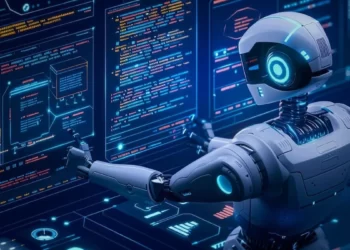 Karanlık bir laboratuvar ortamında yapay zeka ağlarını temsil eden temsili dijital görsel
